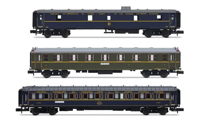 CIWL, 3-tlg. Zugset „Sud-Express", Set 1/2, bestehend aus 1 x DD3 + 1 x AA 5000 in Grün mit Faltenbälgen + 1 x WL, Ep. III-IV