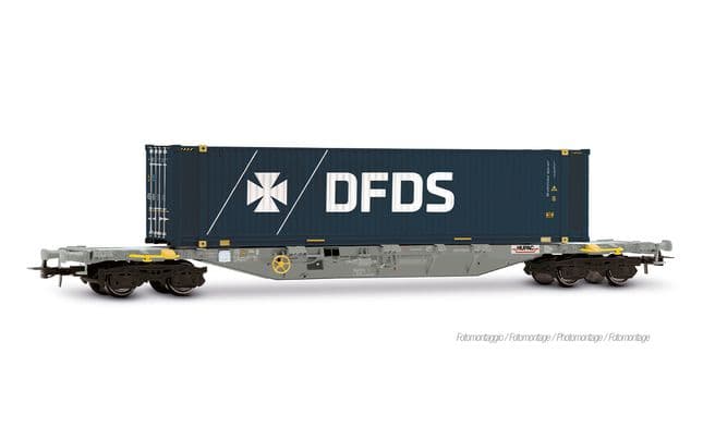 4-achs. Containerwagen der Bauart Sgnss, graue Farbgebung, beladen mit 45'-Container „DFDS”