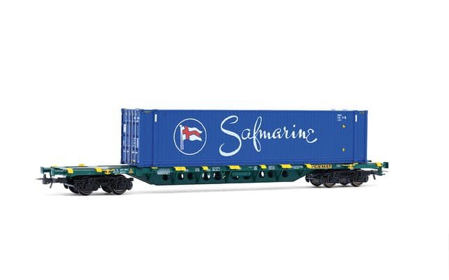 CEMAT, wagon porte-conteneurs Sgnss, avec conteneur de 45 pieds « Safmarine », livrée verte