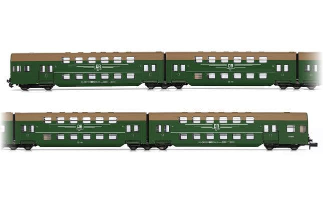 DR, 4-tlg. Doppelstockwagen der Bauart DBv mit Führerstand, gerade Front, blattgrün-braune Farbgebung „DR", Ep. IV