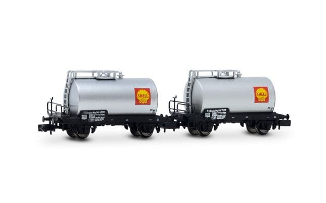 FS, 2-tlg. Set 2-achs. Kesselwagen „Shell" in silberner Farbgebung, Ep. III-IV