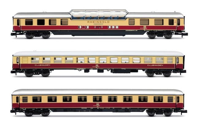 AKE, 3-tlg. Set „Rheingold", Set 1/2, bestehend aus 1 x Aussichtswagen ARDm + 1 x Clubwagen WGmh + 1 x Wagen Avmz, Ep. VI