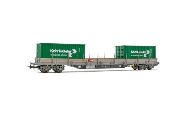 SBB, 4-achs. Flachwagen Res, in grauer Lackierung, beladen mit 2 x 20' Container "Kehrli &amp; Oeler", Ep. VI