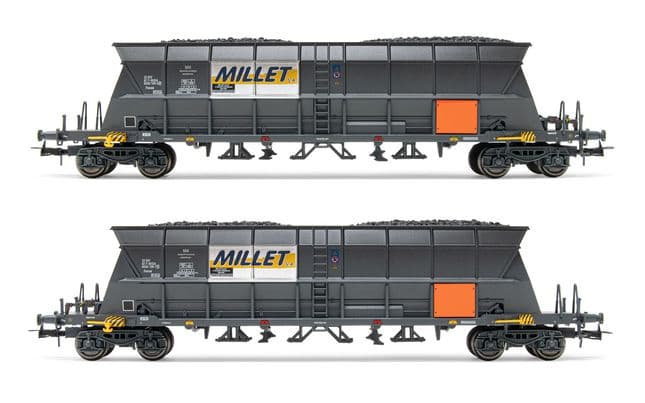 SNCF, coffret de 2 wagons-trémies à 4 essieux EF60 pour le transport du charbon, livrée "Millet" avec plaque orange, ép. VI. Jeux de roues AC appropriés: HC6100 (10,27 x 25,20 mm)