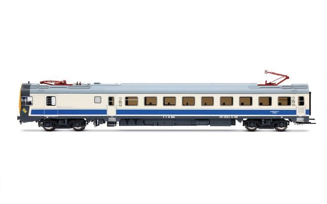RENFE, automotor eléctrico serie 444, unidad 444-011, decoración azul/blanca, ép. V
