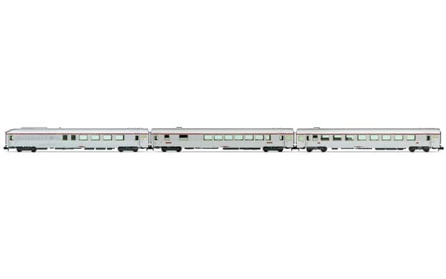 SNCF, 3-tlg. Set TEE Reisezugwagen „Paris - Ruhr" in silberner Lackierung, bestehend aus 1 x A4Dtux, 1 x Vru und 1 x A3rtu, Ep. IV