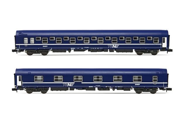 SNCF, 2-tlg. Set T2 Schlafwagen in blauer Lackierung mit „nouille"-Logo, Ep. IV-V