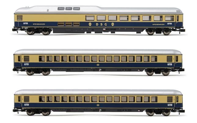 DB, ensemble de 3 voitures "Rheingold", composé de voiture restuarant et 2 voitures Apmh, livrée bleue, ép. III