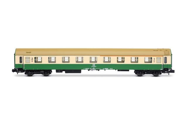 DR, 3-tlg. Set OSShD-Wagen Typ B, Nr. 2/2, bestehend aus 1 x A + 1 x AB + 1 x Bc, grün/beige Farbgebung, Ep. IV