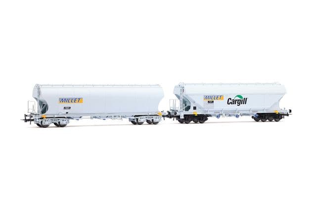 SNCF, 2-unit pack of cereal hopper wagons "MILLET", flat and rounded walls, grey livery