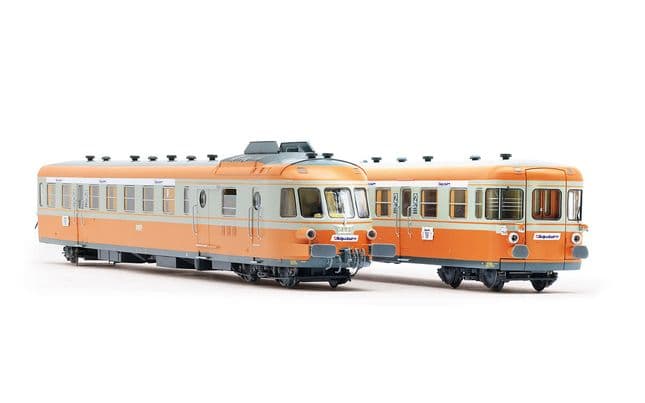SNCF, diesel railcar RGP I with trailer in grey béton/orange livery "Alpazur", ep. IV
