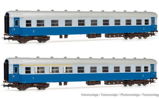 Rivarossi (H0 1:87) FS, 2 Einheitensatz Reisezugwagen Typ 59 blaue und hellblaue Lackierung; ein Trainer gemischt 1. bis 2. Klasse und ein Wagen 2. Klasse, Punkt III