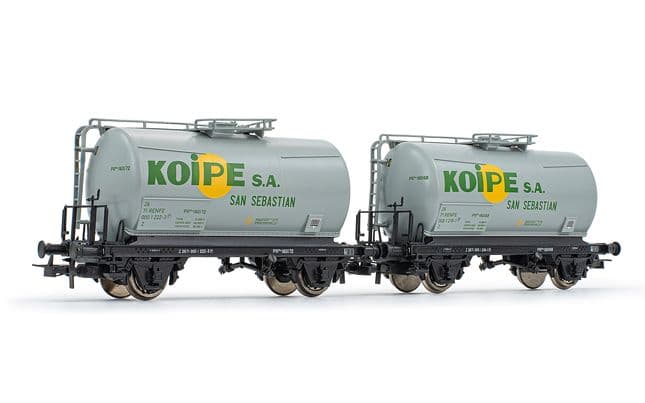 RENFE, set de 2 vagones cisternas de 2 ejes, decoración gris, "Koipe", ép. IV. Ejes para sistema AC: HC6101 (11,27 x 24,25 mm)