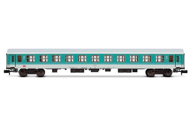 DB AG, set de 3 coches regionales, decoración verde menta/blanca, compuesto de 1 x coche ABDomsb y 2 x coches Bom, ép. V