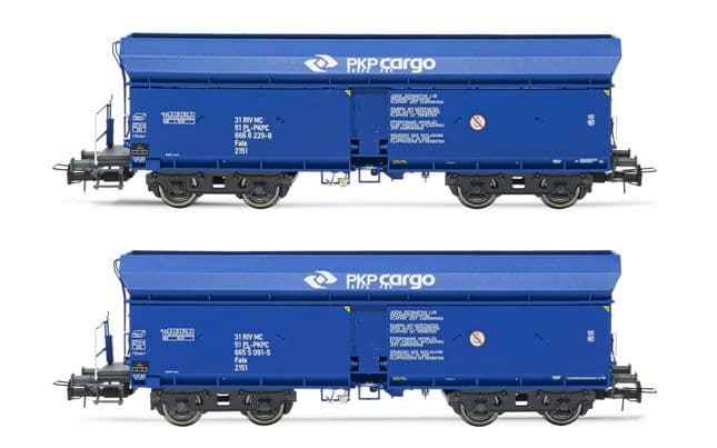 PKP, 2-unit set of 4-axle self-discharging wagons Fals, blue "PKP Cargo" livery, period V. Suitable AC wheelsets for this item: 11,00 x 23,30 mm