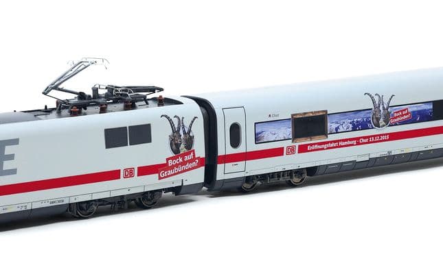 DB AG, ICE1, Tz 186 „Chur“ mit zusätzlichen Schweizer Stromabnehmern, 4-tlg. Grundset (Lok, Dummy, Servicewagen + Wagen 2. Klasse), „Bock auf Graubünden“