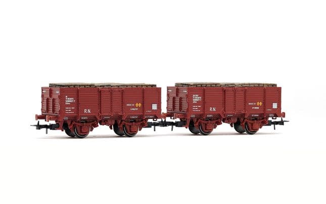 RENFE, set de 2 vagones abiertos de 2 ejes, tipo X unificado corto, cargados con sacos de hoja de tabaco «Tabacalera», decoración rojo óxido