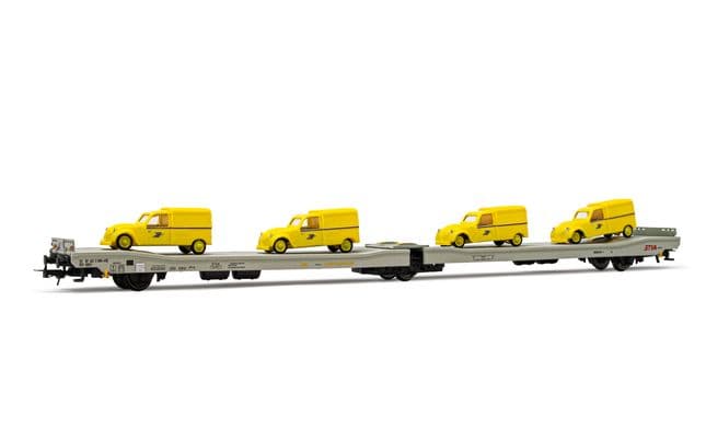 STVA, 3-axle flat wagon Ladks, grey livery, loaded with 4 yellow "La Poste" Citroen 2CV, period IV