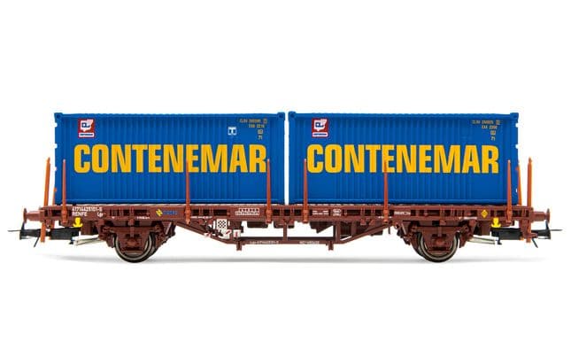 RENFE, vagón plataforma de 2 ejes MC1, decoración rojo oxido, cargado con 2 contenedores "Contenemar" de 20', ép. IV. Ejes para sistema AC: HC6101 (11,27 x 24,25 mm)
