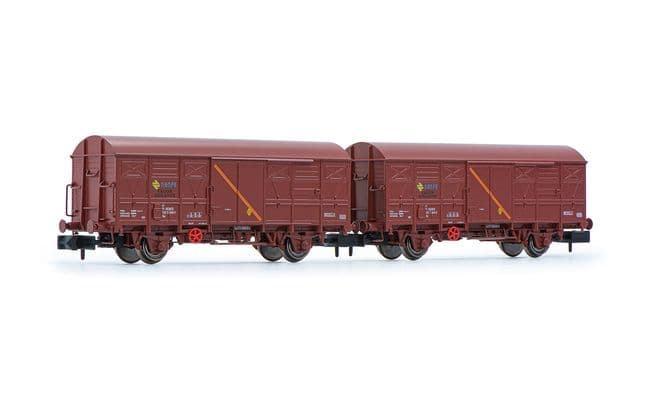 RENFE, 2-tlg. Set 2-achs. gedeckte Güterwagen J2, in Ausführung als Schutzwagen, Ep. IV-V