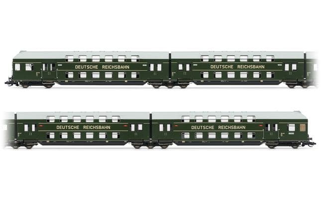 DR, 4-tlg. Doppelstockeinheit mit Steuerabteil, in grüner Farbgebung mit grauem Dach, Ep. III