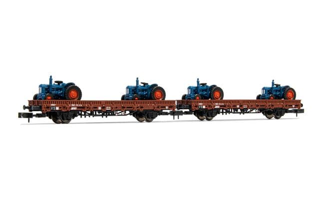 DB, 2-unit pack 2-axle flat wagons type Rmms, brown livery, loaded with tractors "Hanomag", period III-IV