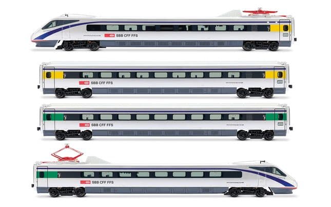 SBB, 4-unit base set of tilting high-speed train type ETR 470, in silver livery with blue stripe, ep. V