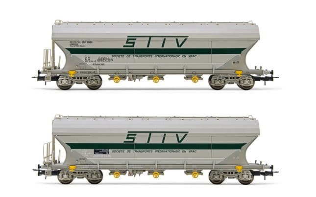 DB/SNCB, 2-unit set of 4-axle flat-sided hopper wagons, “STIV” livery, period IV