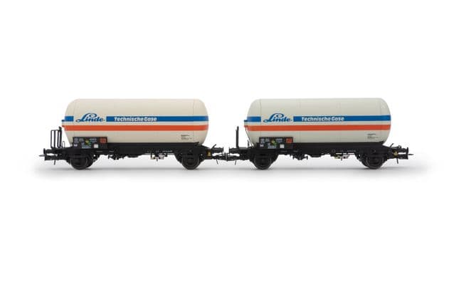DB, 2-tlg. Set zweiachsiger Gaskesselwagen der Bauart Zgs, „Linde“, Ep. IV