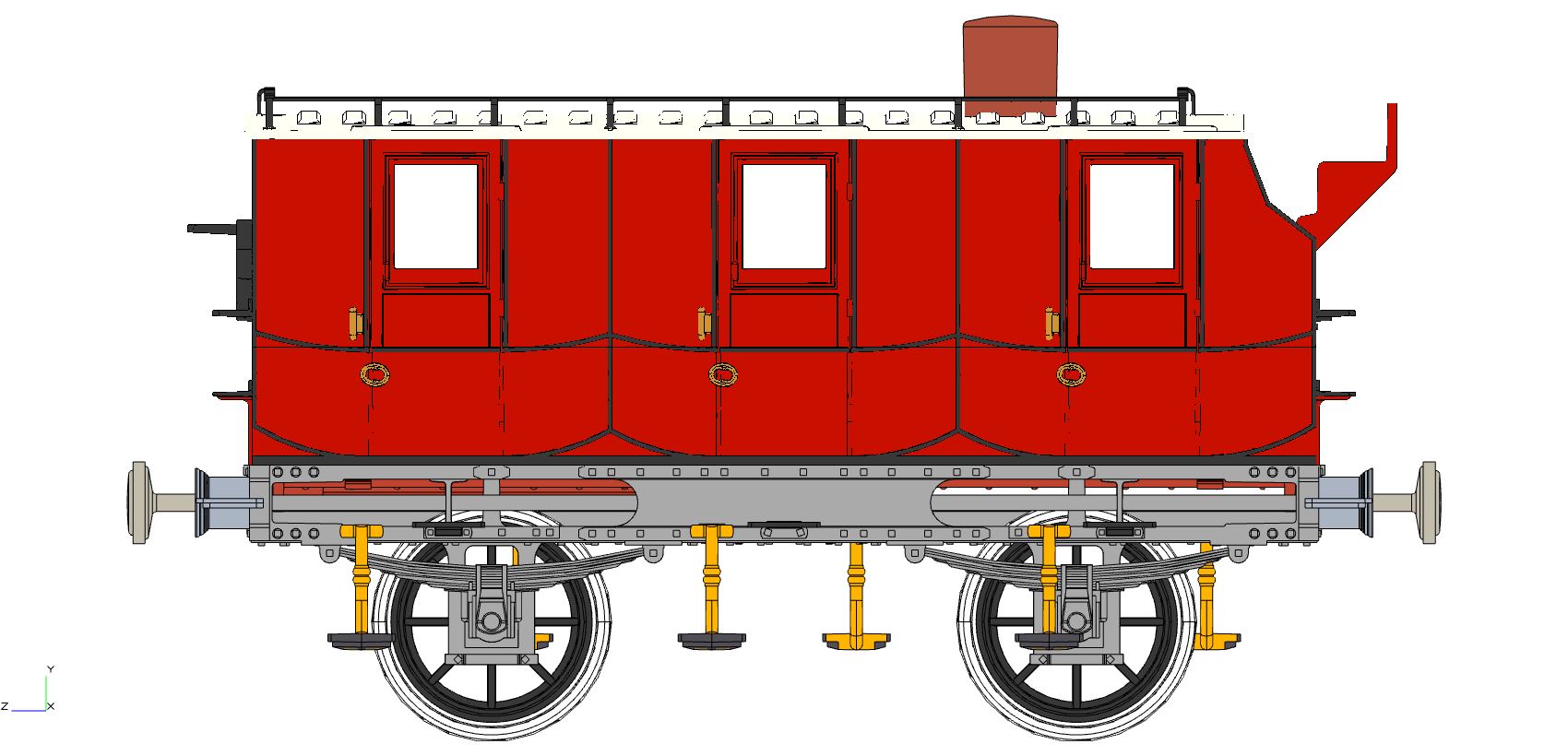 A side-on view of the CAD for the Royal Mail coach 